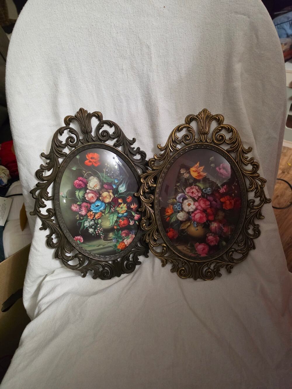Pair Italian Rococo Metal Bubble Glass Frames Still Life Prints Near Pair